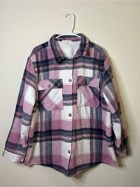 Eden & Olivia Pink Plaid Fleece Lined Button-Up Shirt Jacket Warm Plus Size 2XL